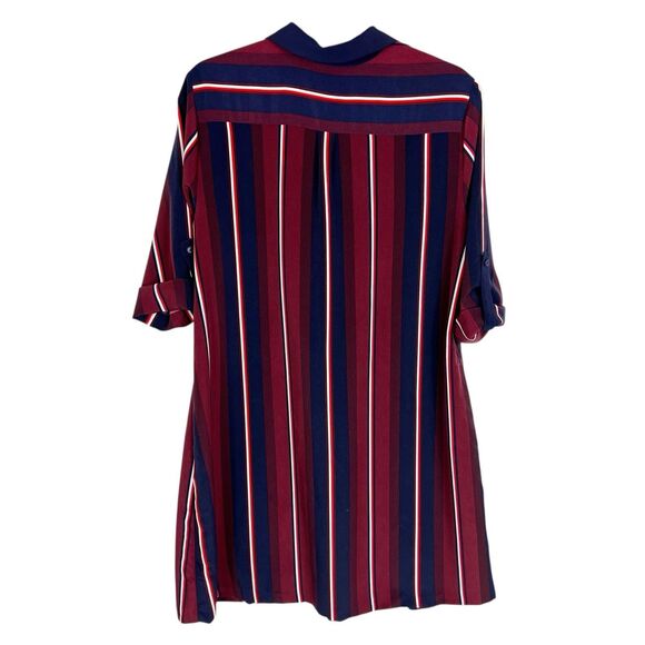 Tommy Hilfiger Navy Red Stripe Hidden Button 3/4 Roll Tab Sleeve Shirt Dress L - Picture 2 of 10